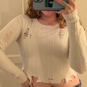 Cropped Distressed Ribbed Sweater Top - Cream
